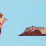 A painting of a man in blue speedos pointing a toy gun at a beached whale. The background is blue.
