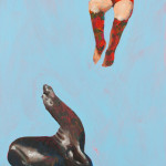 A painting of a seal looking up at a pair of bare legs dangling from the top of the image. The background is blue.