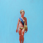 A painting of a meter maid in a gold bikini on a blue background.