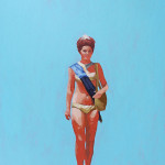 A painting of a meter maid in a gold bikini on a blue background.