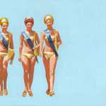A painting of three meter maids in gold bikinis on a gold background.