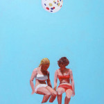 A painting of two women in bikinis seated against a blue background. A spotted beach ball hovers above them.