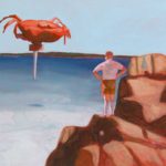 A painting of a man in shorts and long socks looking over a sea cliff. A Big Crab hovers over the water.
