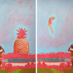 A painted diptych showing a man in speedos in front of a swimming on both panels. The big pineapple is in the background. A woman in a red swimsuit hangs in the air on the right panel.