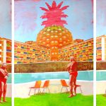 A triptych depicting a mid century modern hotel and pool with the Big Pineapple looming behind. The figures around the pool include older men in red speedos and women in red bikinis seated on floating beach balls.