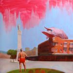 A painting of a man wearing red speedos on s street. The streetscape includes a war memorial and an art deco pub. The Big Prawn is perched on top of the pub.
