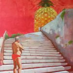 A man in red speedos stands at the base of a stone staircase. At the top is the Big Pineapple. The sky is red.