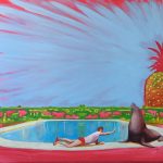 A painting of a man lying next to a swimming pool, reaching towards a sea lion. The Big Pineapple is in the background.
