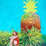 A painting of a woman in a red swimsuit seated in a pineapple plantation. A stylised Big Pineapple is in the background.