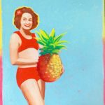 A painting of a woman in a red bikini holding a large pineapple on a blue background.