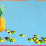 A painting of a pineapple and scattered pineapple lollies on a blue background.
