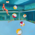 A painting of an upside-down walled pool with beach balls falling from it. A woman in a red bikini is perched on the edge of pool.