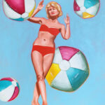 A painting of a woman in a red bikini surrounded by four beach balls of various sizes. She looks as though she is fending them off. The background is blue.