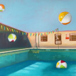 A painting of beach balls with a walled, half filled pool. Three beach balls are in the air, a fourth is in the water.