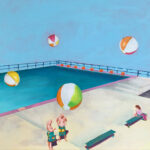 A painting of four beach balls hovering over a public pool. Two men in towels stand next to the pool, near a woman seated on a bench.