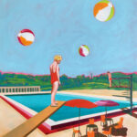 A painting of a woman standing on a diving board over a hotel pool. Three beach balls hover overhead. Another figure on a different diving board can be seen in the distance.