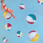 A painting of eight beach balls of different sizes on a blue background. A woman in a red bikini sits on one of the balls.