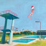 A painting of a public pool with a diving platform. A woman in a bikini flies overhead grasping a beach ball.