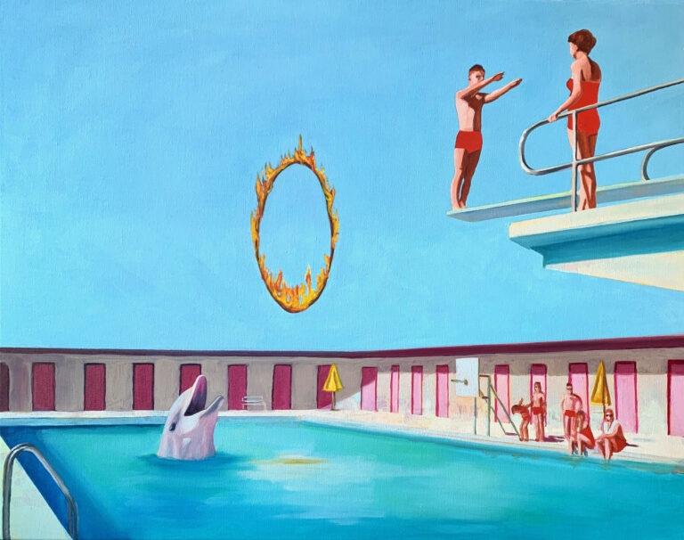 A painting of a man and woman stand on a diving platform over a pool with a dolphin in it the man prepares to dive in backwards. A flaming hoop hovers above the pool.