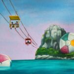 A painting of an island with giant beach balls on land and water. A chairlift takes people over the water to the island.