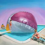 A painting of a giant beach ball in a pool. A woman on a deck chair and another on a diving board look at the ball with their back to us.