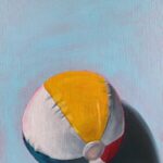 A painting of a striped beach ball on a blue background.