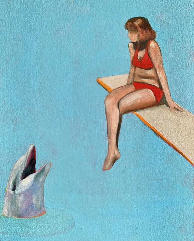 A painting of a woman in a red bikini sitting on a diving board looking at a dolphin. The background is blue.