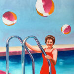 A woman climbs out of a pool holding the hand rails. Three beach balls circle the air above her.